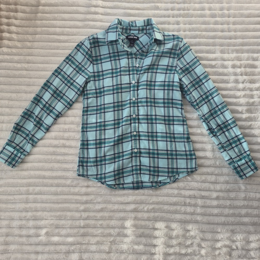 Lands End Women's Light Blue Plaid‎ Flannel Button Down Shirt Size 6